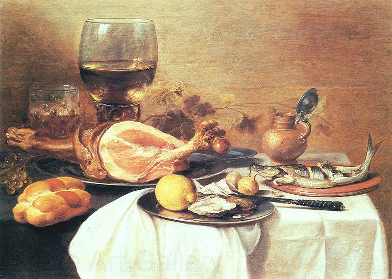 Pieter Claesz A ham, a herring, oysters, a lemon, bread, onions, grapes and a roemer